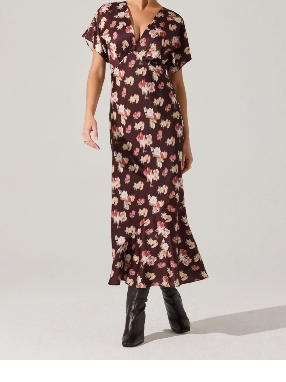 ASTR THE LABEL Talyha Floral Satin V-Neck Midi Dress Size Medium
